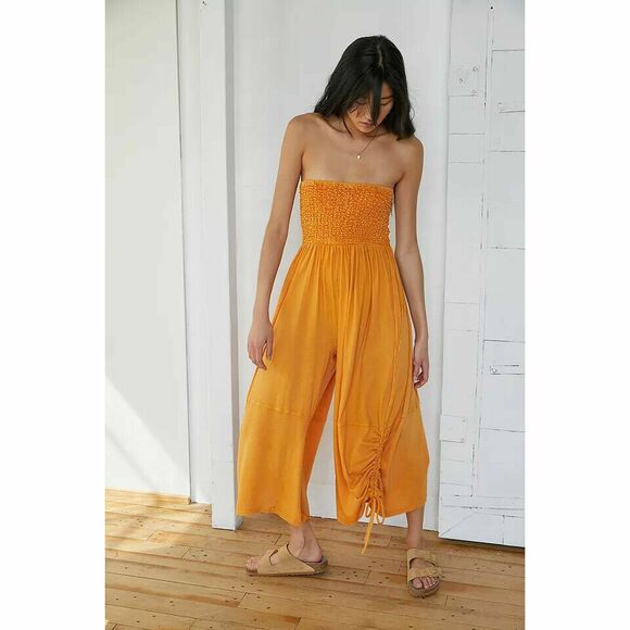 Out From Under UO Makena Smocked Jumpsuit Dress Yellow Beach Tube S NEW 217695